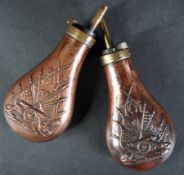 TWO VINTAGE 19TH CENTURY STYLE MUSKET RIFLE POWDER FLASKS