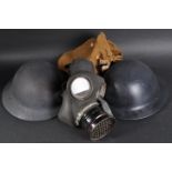 COLLECTION OF WWII SECOND WORLD WAR HELMETS & GAS MASK