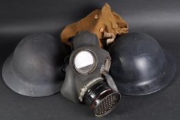 COLLECTION OF WWII SECOND WORLD WAR HELMETS & GAS MASK
