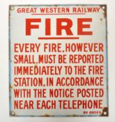 GREAT WESTERN RAILWAY - FIRE WARNING ENAMEL SIGN