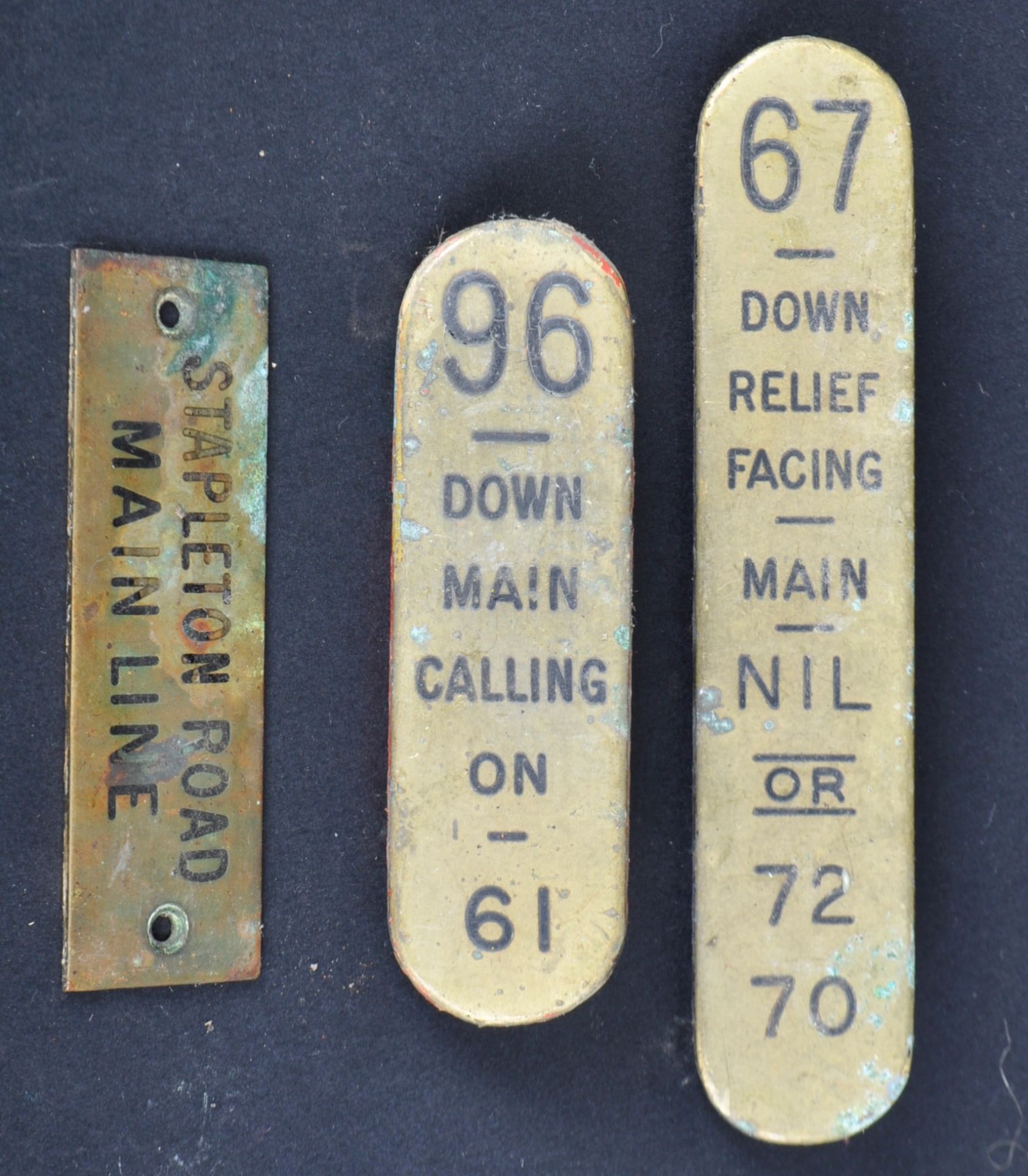 COLLECTION OF RAILWAYS SIGNAL BOX LEVER PLATES AND SIGN