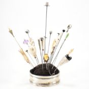 HALLMARKED SILVER PIN CUSHION & WHITE METAL STICK PINS