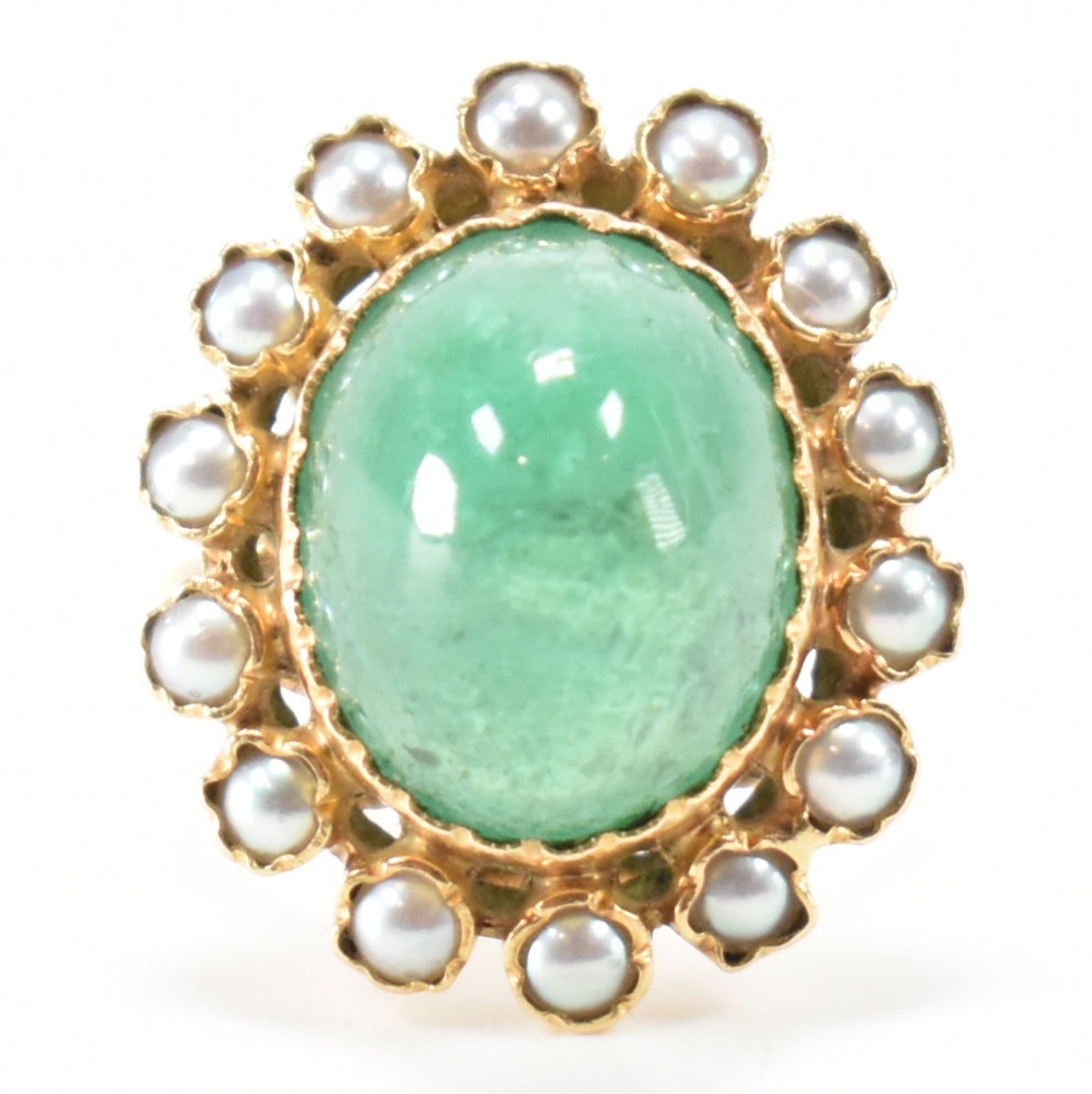 FRENCH 18CT GOLD EMERALD & PEARL CLUSTER RING