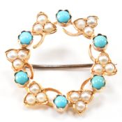 VINTAGE 15CT GOLD SEED PEARL & TURQUOISE BROOCH PIN