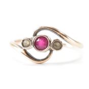ANTIQUE 9CT GOLD RUBY & WHITE STONE RING