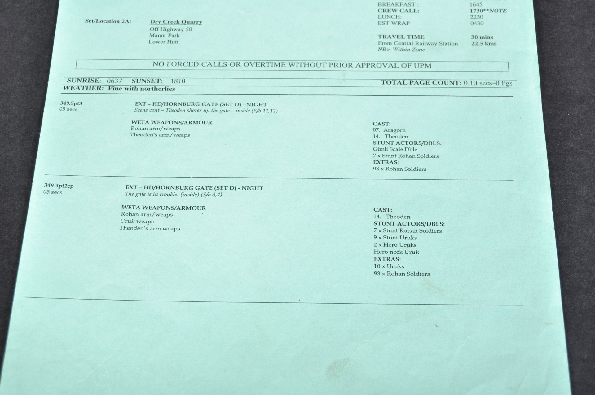LORD OF THE RINGS - PRODUCTION USED "JAMBOREE" CALL SHEET - Bild 3 aus 7