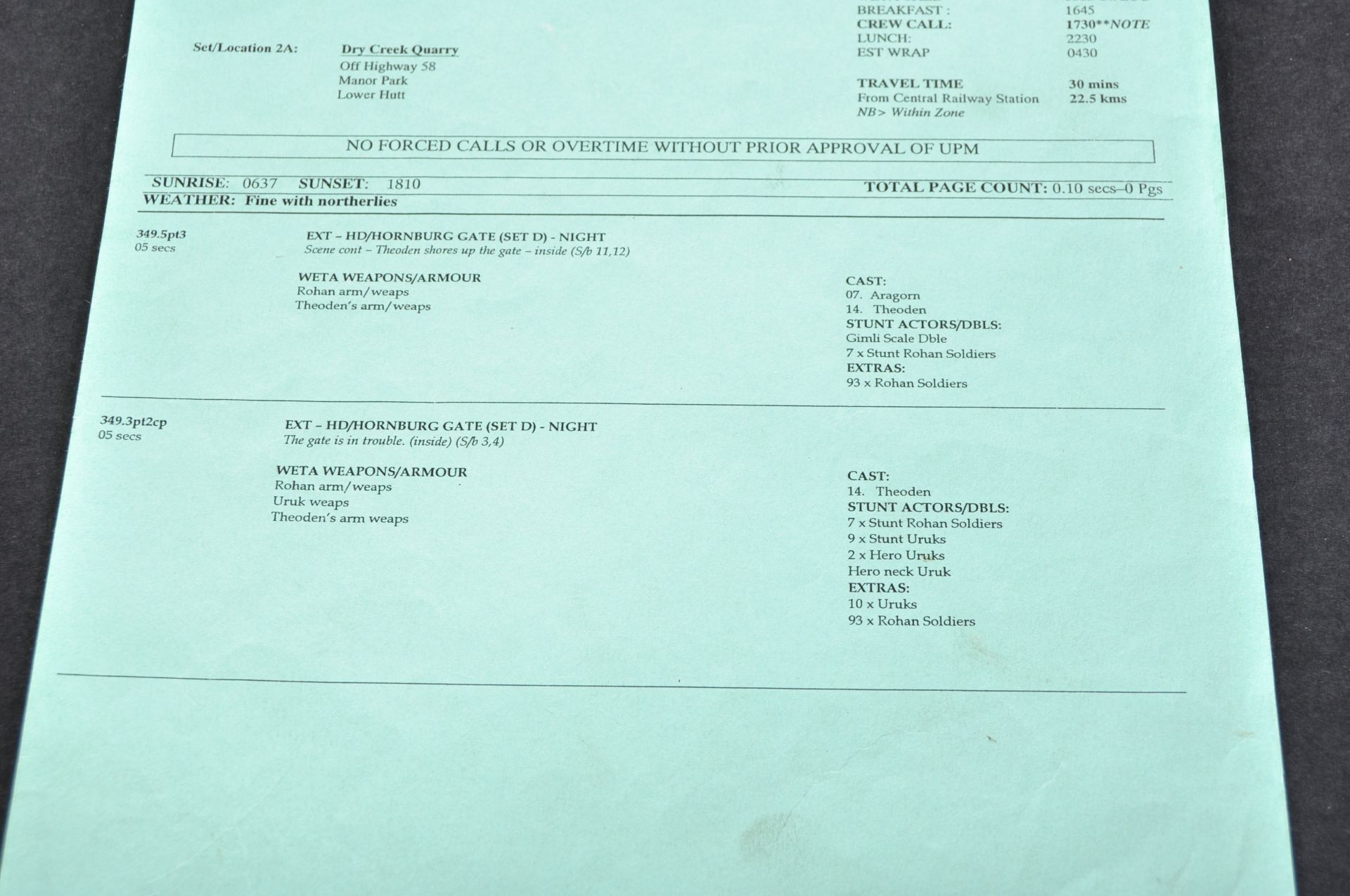 LORD OF THE RINGS - PRODUCTION USED "JAMBOREE" CALL SHEET - Image 3 of 7