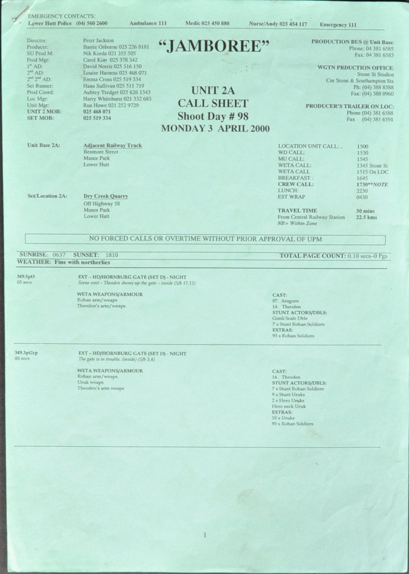 LORD OF THE RINGS - PRODUCTION USED "JAMBOREE" CALL SHEET