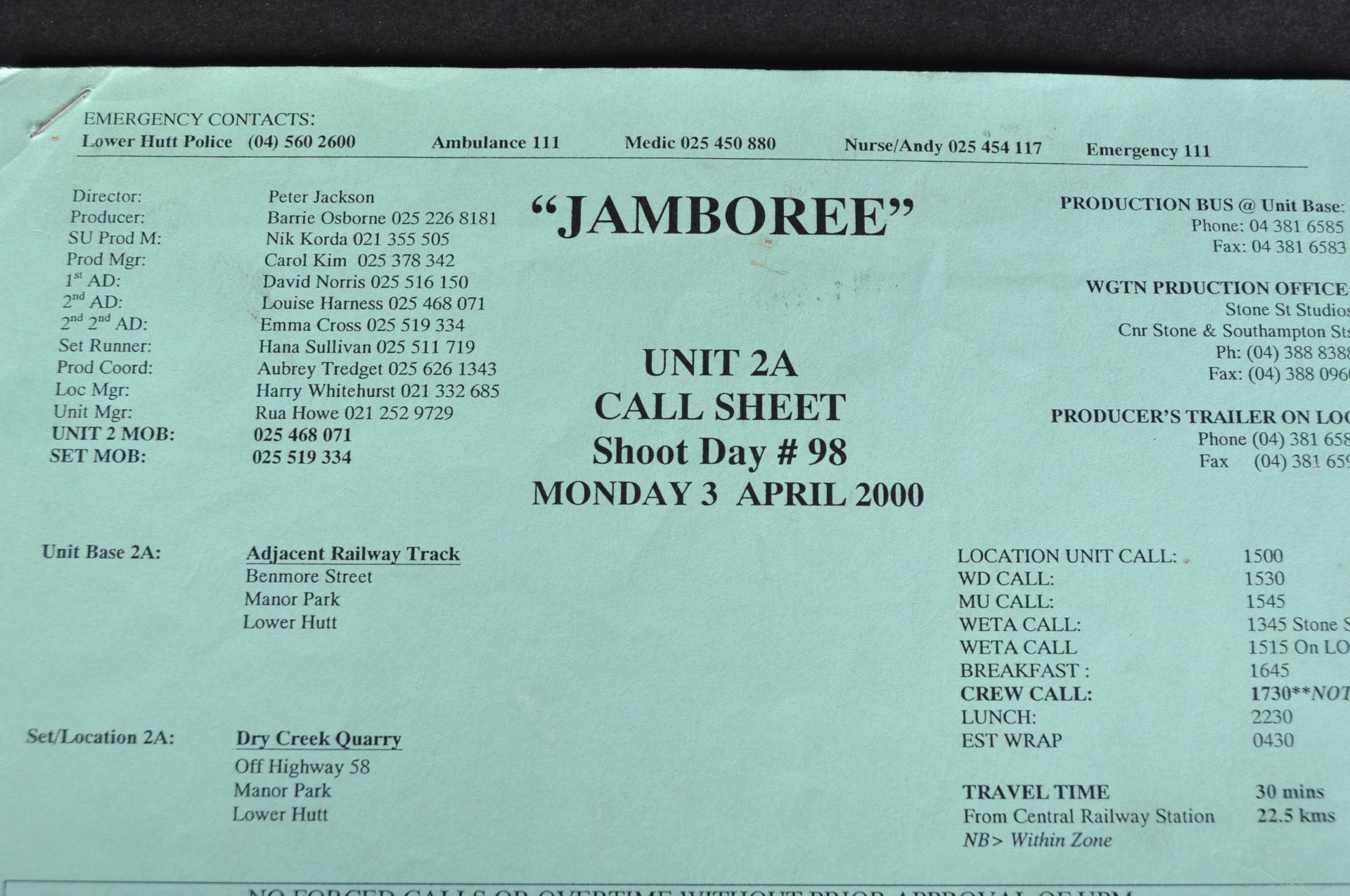 LORD OF THE RINGS - PRODUCTION USED "JAMBOREE" CALL SHEET - Bild 2 aus 7
