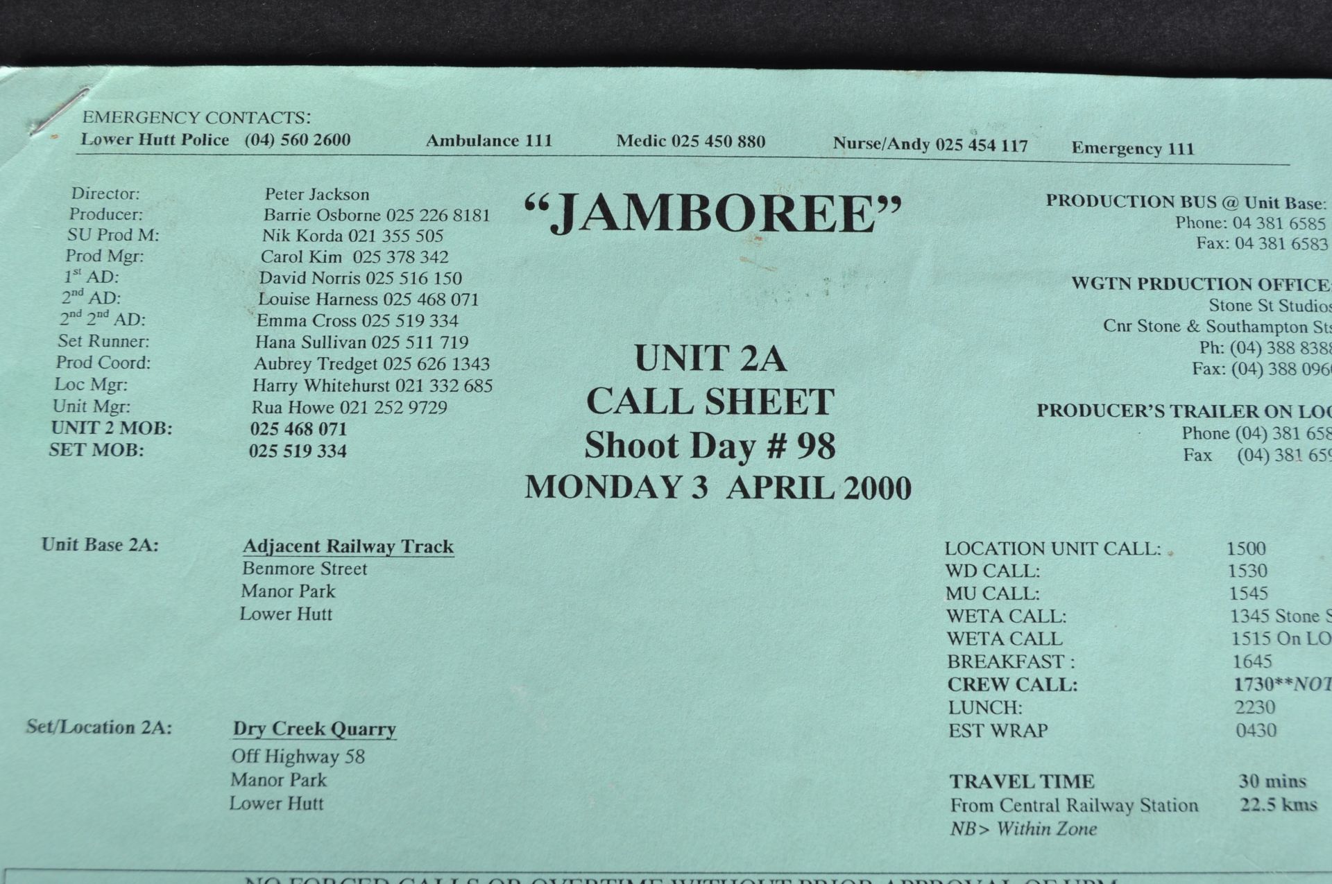 LORD OF THE RINGS - PRODUCTION USED "JAMBOREE" CALL SHEET - Image 2 of 7