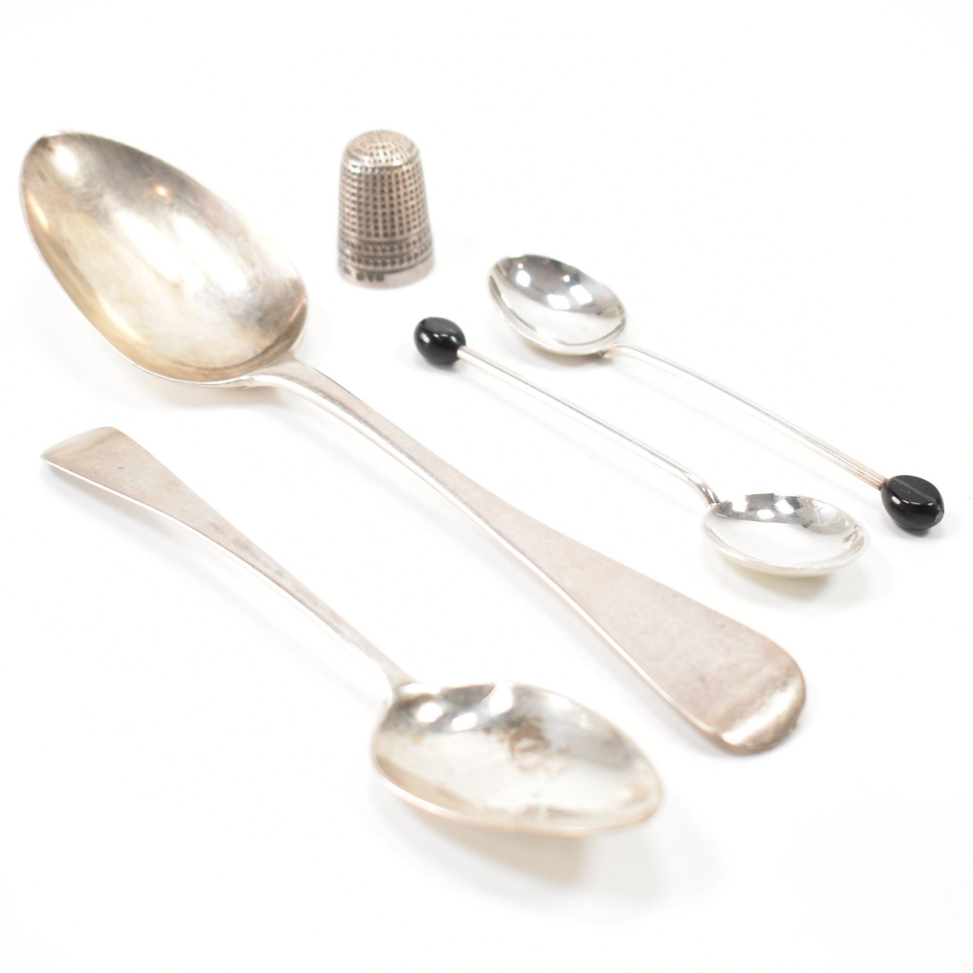 SELECTION OF SILVER SPOONS & THIMBLE