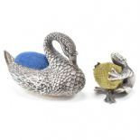 SILVER SWAN PIN CUSHION & WHITE METAL FROG PIN CUSHION