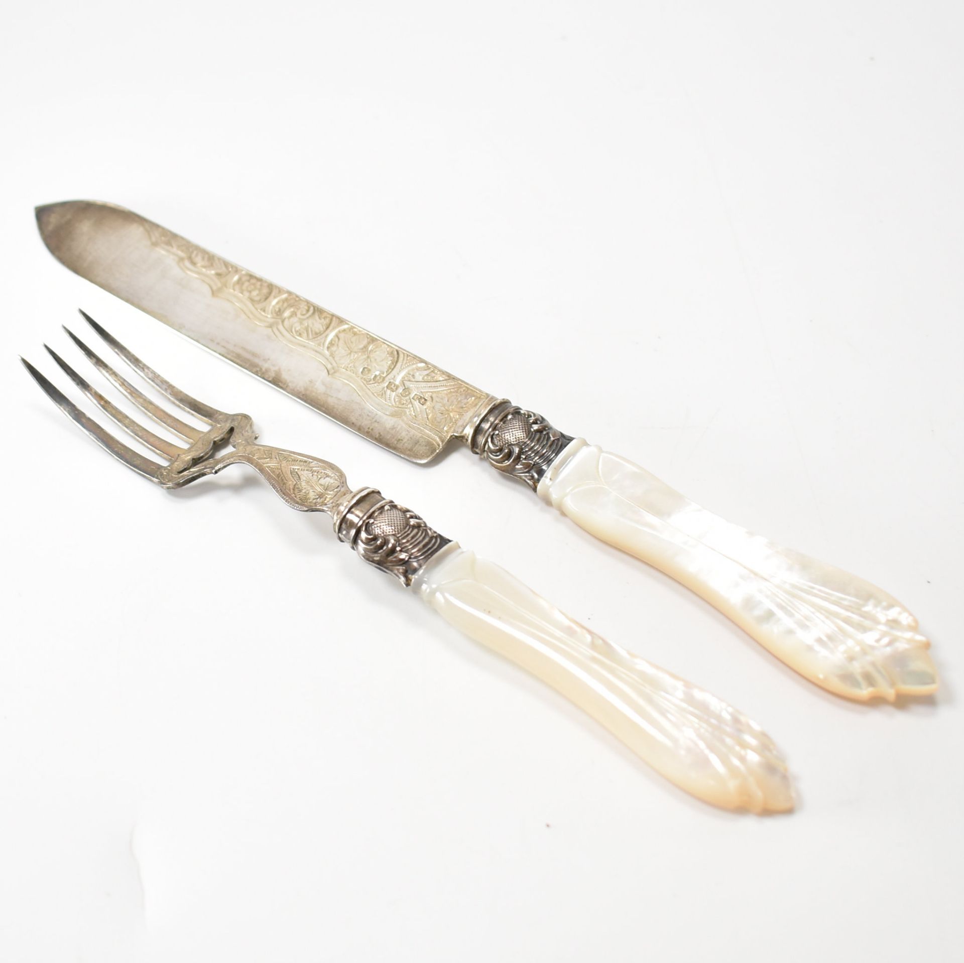 ANTIQUE SILVER & MOTHER OF PEARL SERVING SET