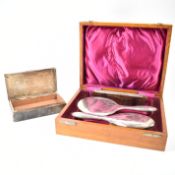 ANTIQUE SILVER BACKED DRESSING SET & SILVER BOX
