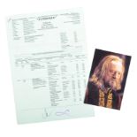 COLLECTION OF BERNARD HILL - LOTR - ORIGINAL CALL SHEET & PHOTO