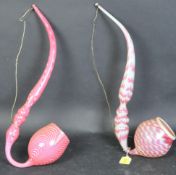 TWO VICTORIAN NAILSEA ORNAMENTAL GLASS PIPES IN WHITE & PINK STRIPES