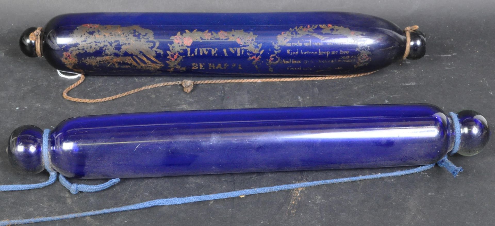 VICTORIAN BRISTOL BLUE ENAMELLED GLASS ROLLING PINS