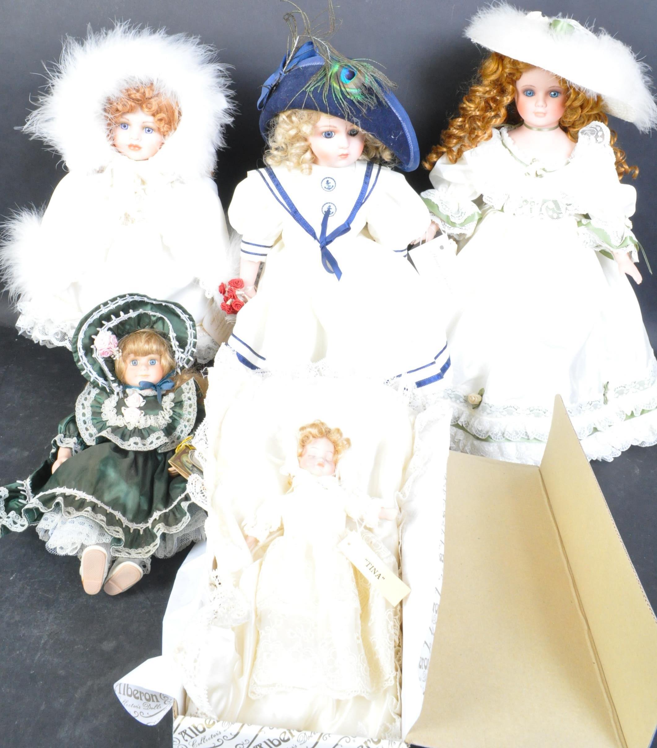 FIVE VINTAGE PORCELAIN COLLECTOR'S DOLLS - INCLUDE ALBERON DOLLS