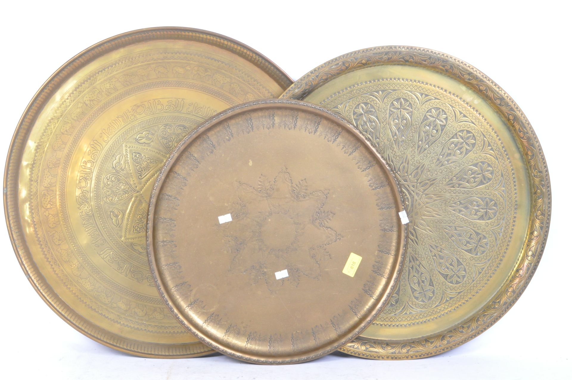 THREE 20TH CENTURY BRASS ETCHED PERSIAN ISLAMIC TRAYS