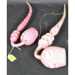 TWO VICTORIAN NAILSEA ORNAMENTAL GLASS PIPES IN WHITE & PINK SWIRLS