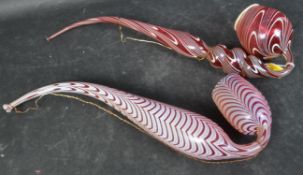 TWO VICTORIAN NAILSEA ORNAMENTAL GLASS PIPES IN CRANBERRY & WHITE