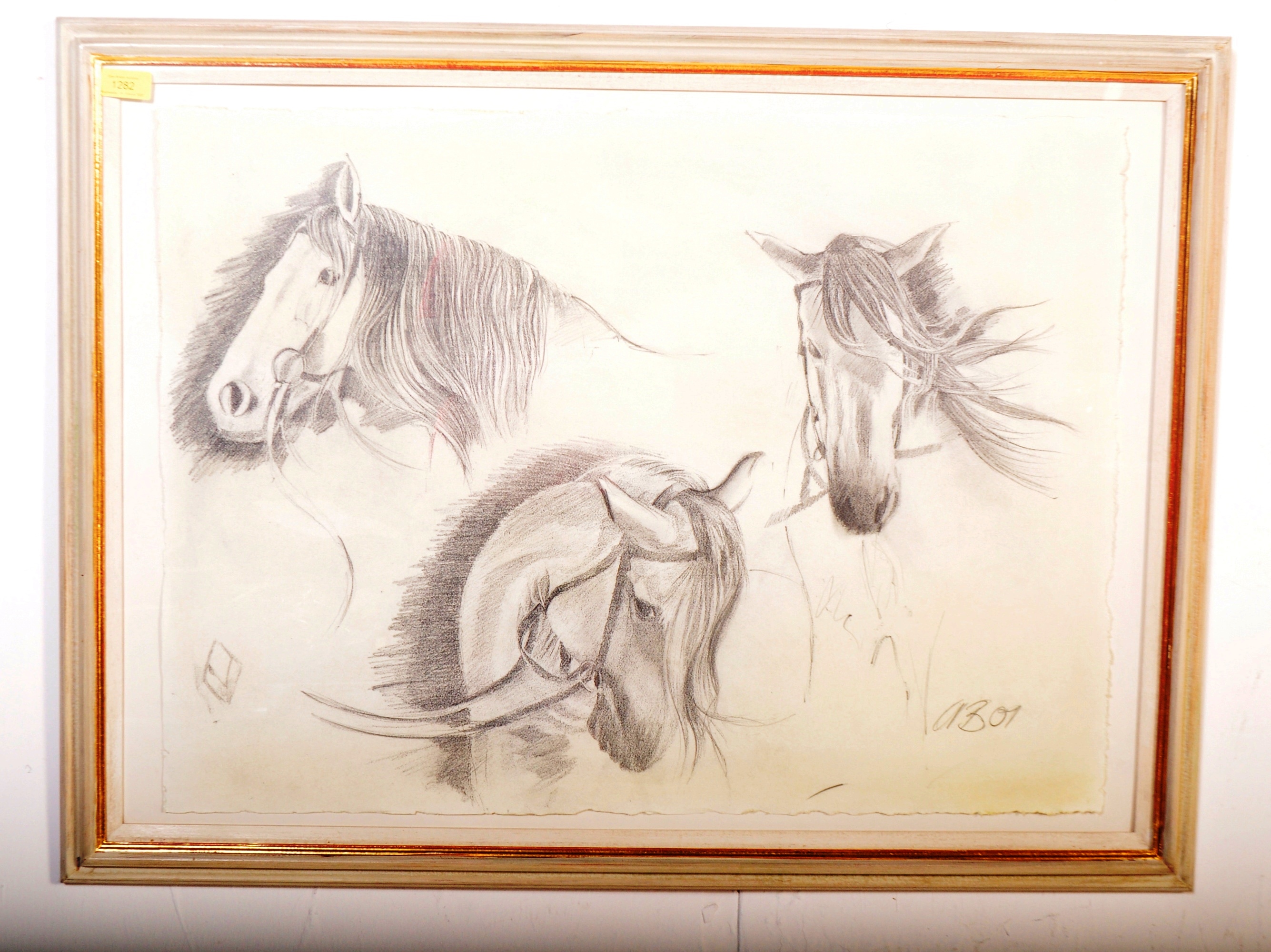 ALAN BRASSINGTON RACING HORSE HEADS PENCIL SKETCH