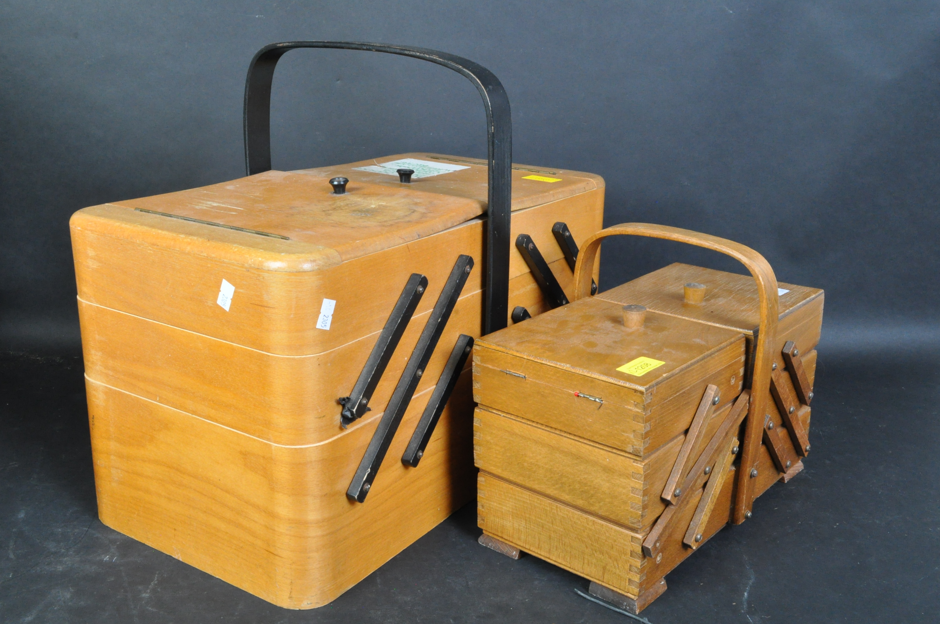 TWO RETRO CIRCA 1970S TEAK WOOD SEWING BOXES