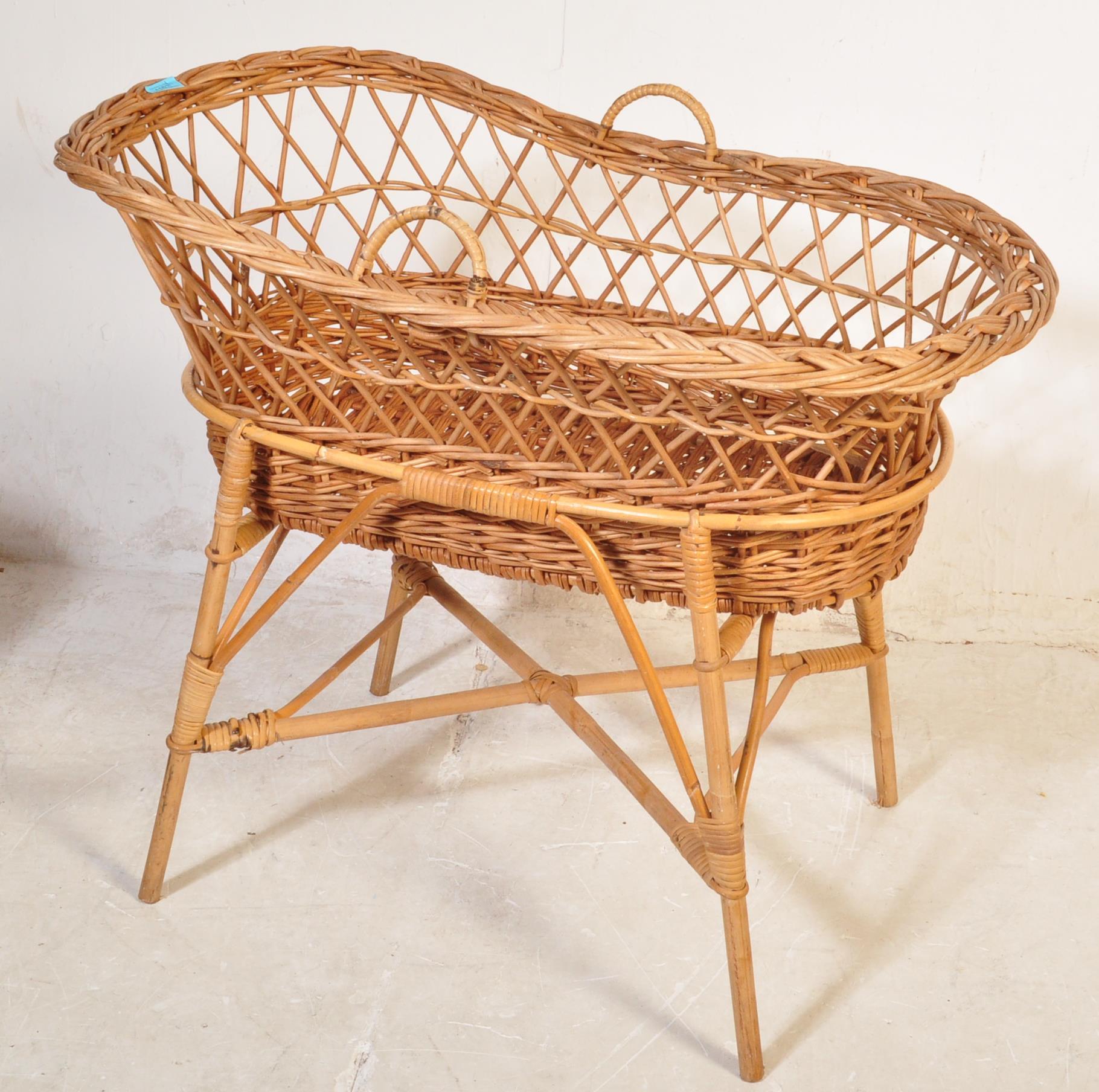 A RETRO VINTAGE CANED WICKER BAMBOO MOSES BASKET - Image 2 of 6
