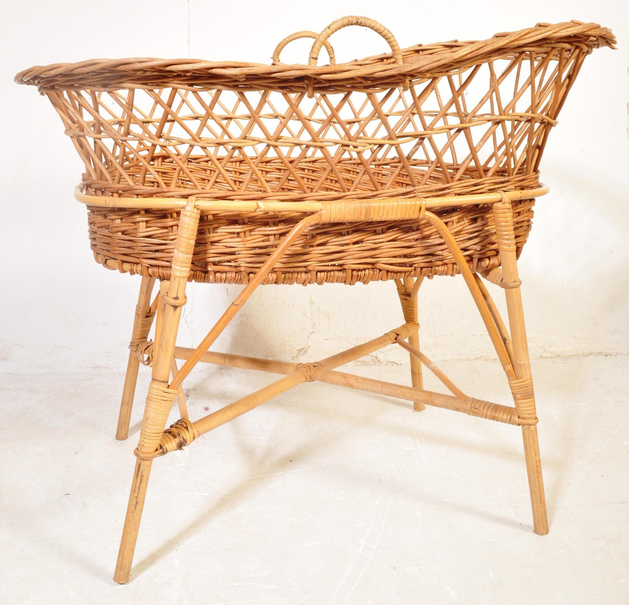 A RETRO VINTAGE CANED WICKER BAMBOO MOSES BASKET - Image 6 of 6