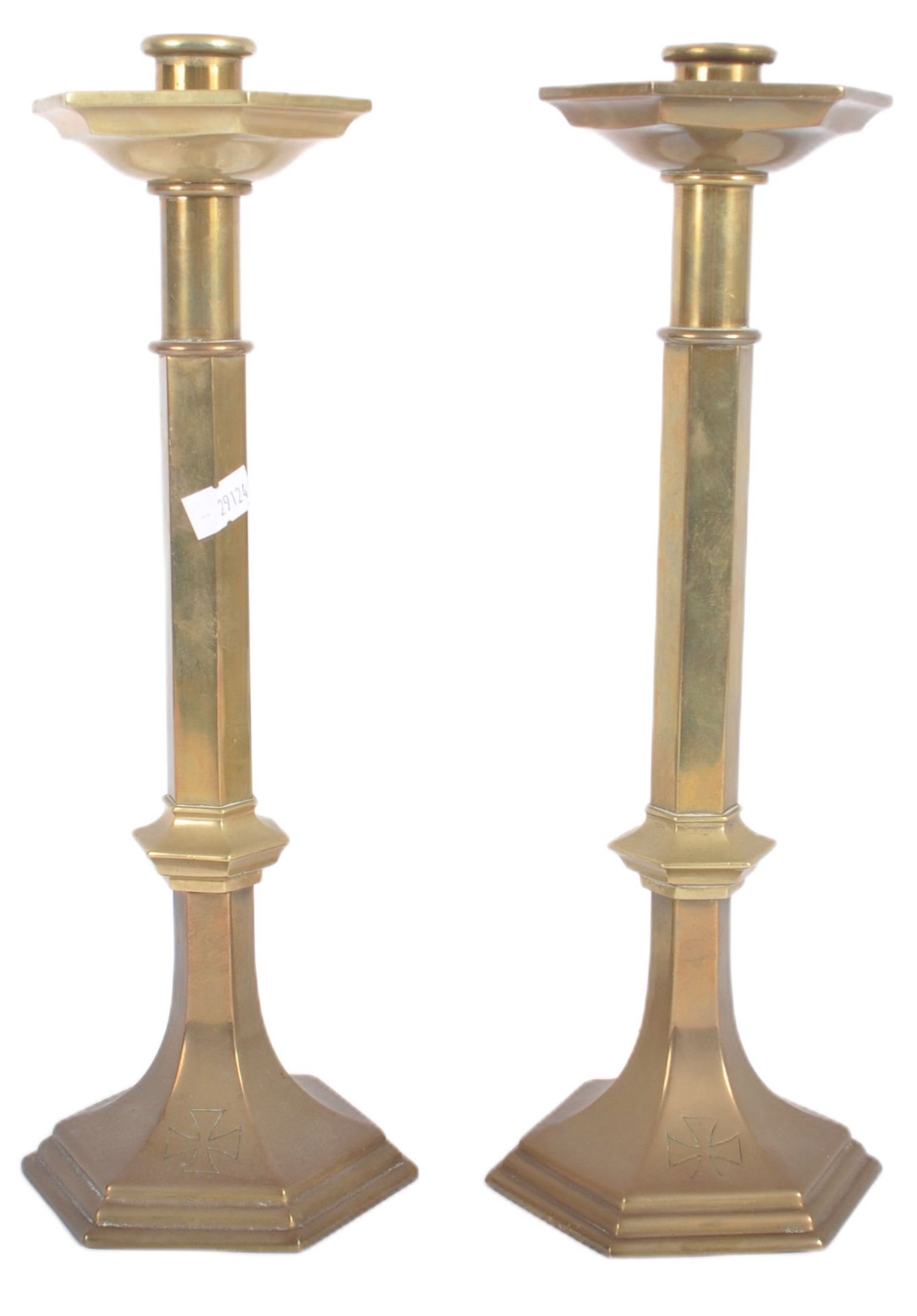 MATCHING PAIR OF MID CENTURY SOLID BRASS CANDLESTICKS