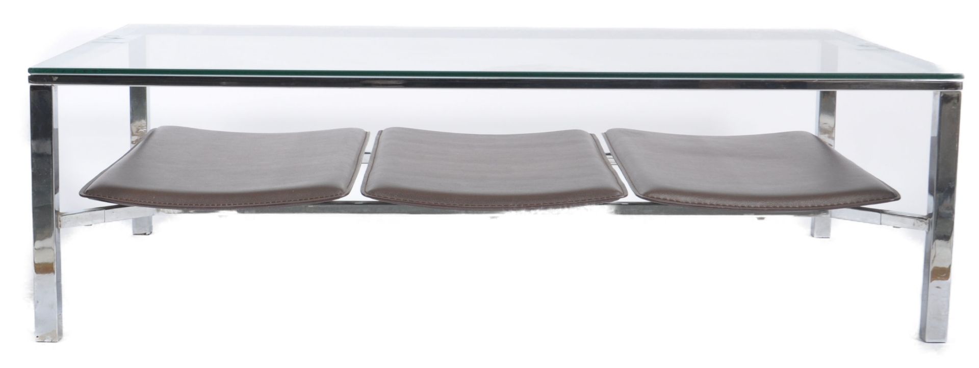 RETRO CHROME, LEATHER AND GLASS TOPPED COFFEE TABLE