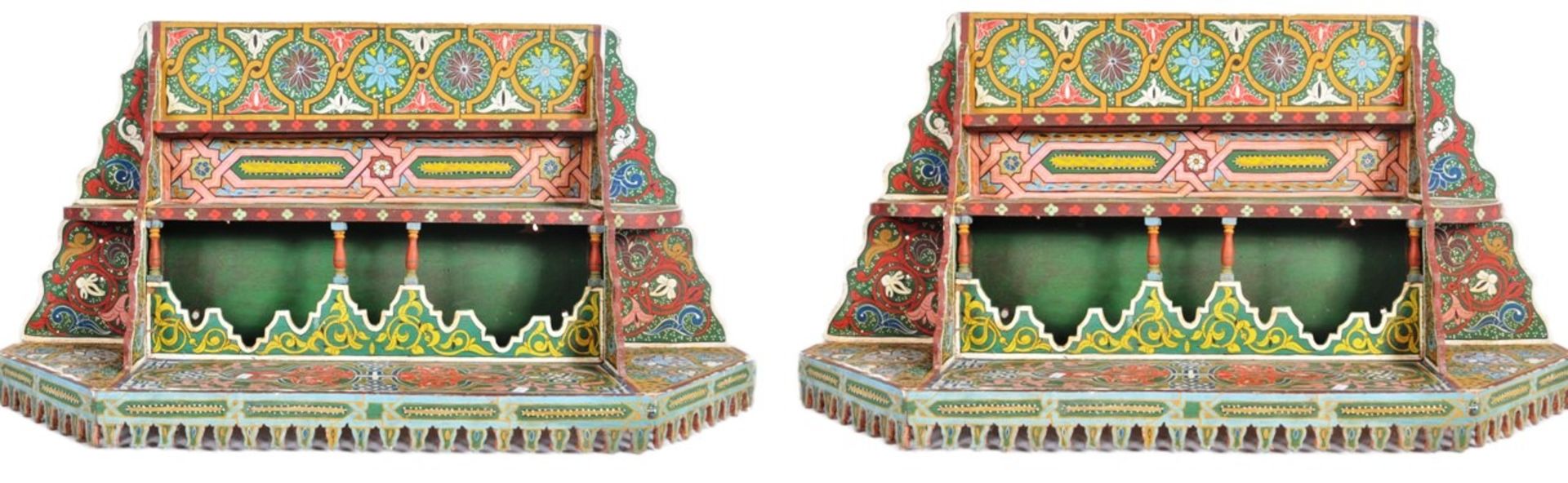 TWO 20TH CENTURY HAND PAINTED AND CARVED SHELVES