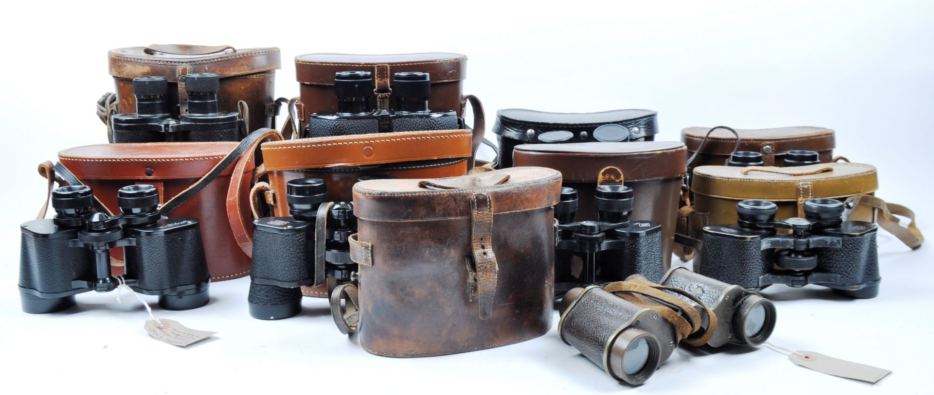 COLLECTION OF 9 X ASSORTED VINTAGE CASED BINOCULARS INCLUDING MILITARY ISSUE