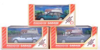 THREE VINTAGE ' PARADISE GARAGE ' 1/43 SCALE DIECAST MODEL CARS