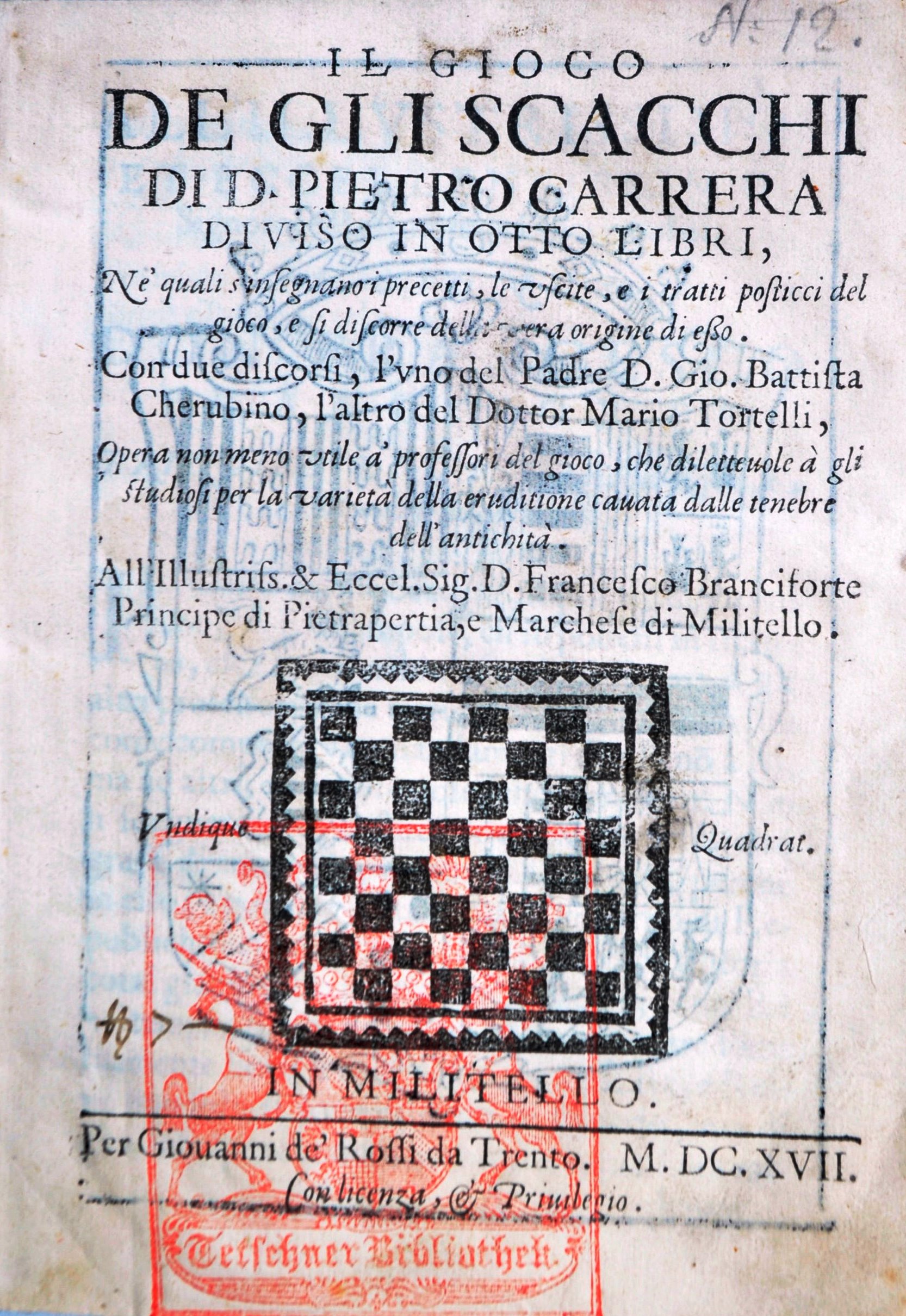 CARRERA, PIETRO II GIOCO DE GLI SCACCHI FIRST EDITION BOOK