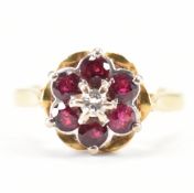 VINTAGE 18CT GOLD RUBY & DIAMOND FLOWER CLUSTER RING