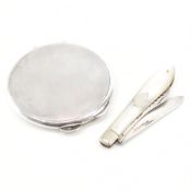 HALLMARKED SILVER COMPACT MIRROR & FRUIT KNIFE