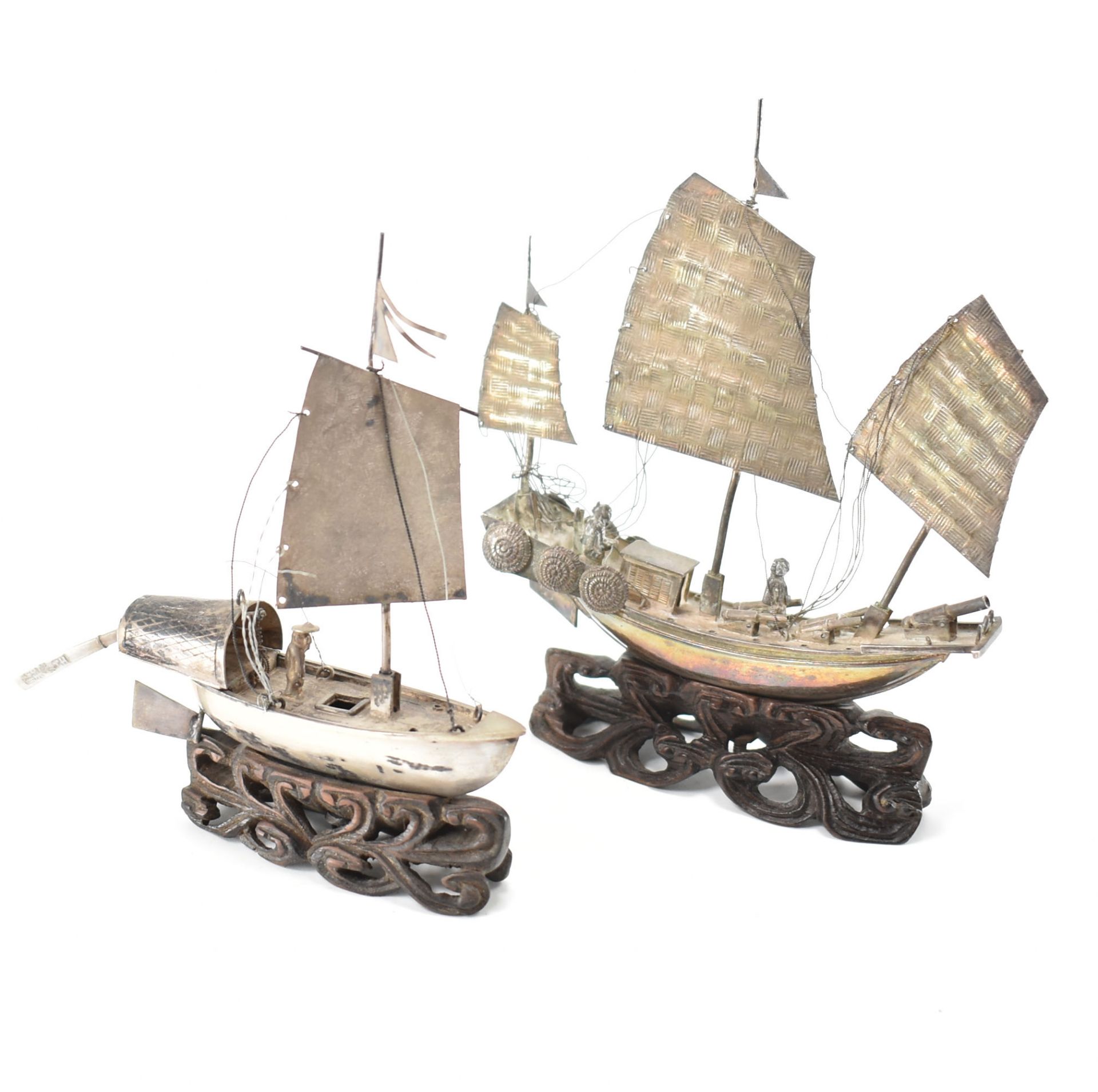 PAIR OF CHINESE SILVER JUNK SHIP FIGURINES