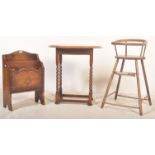 1920'S OAK MAGAZINE RACK, TABLE & CHILDS HIGH CHAIR