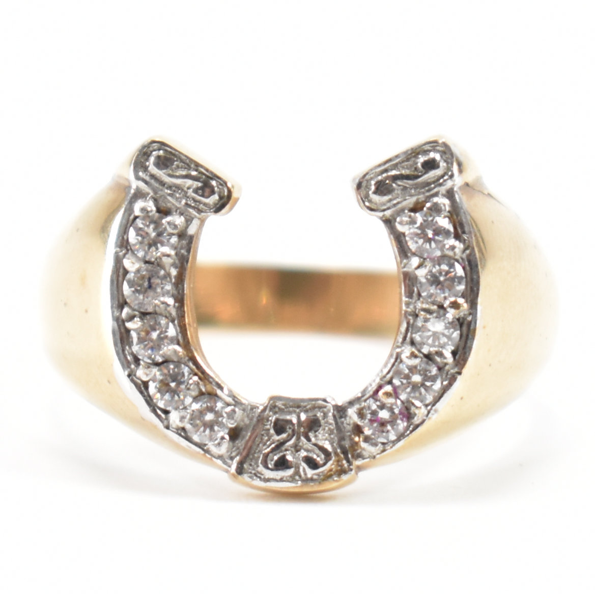 HALLMARKED 9CT GOLD & WHITE STONE HORSESHOE RING