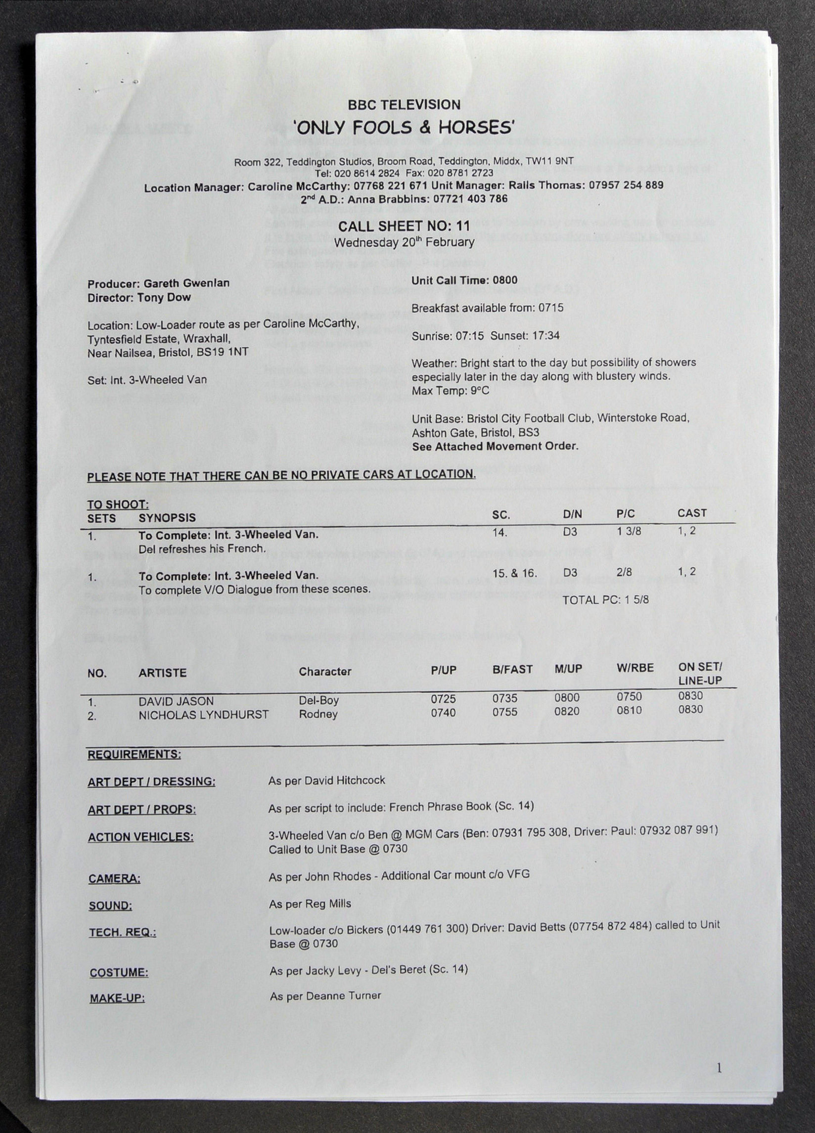 ONLY FOOLS & HORSES - STRANGERS ON THE SHORE - CALL SHEET