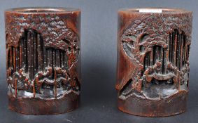 PAIR OF 19TH CENTURY CHINESE CARVED BAMBOO BRUSH POTS