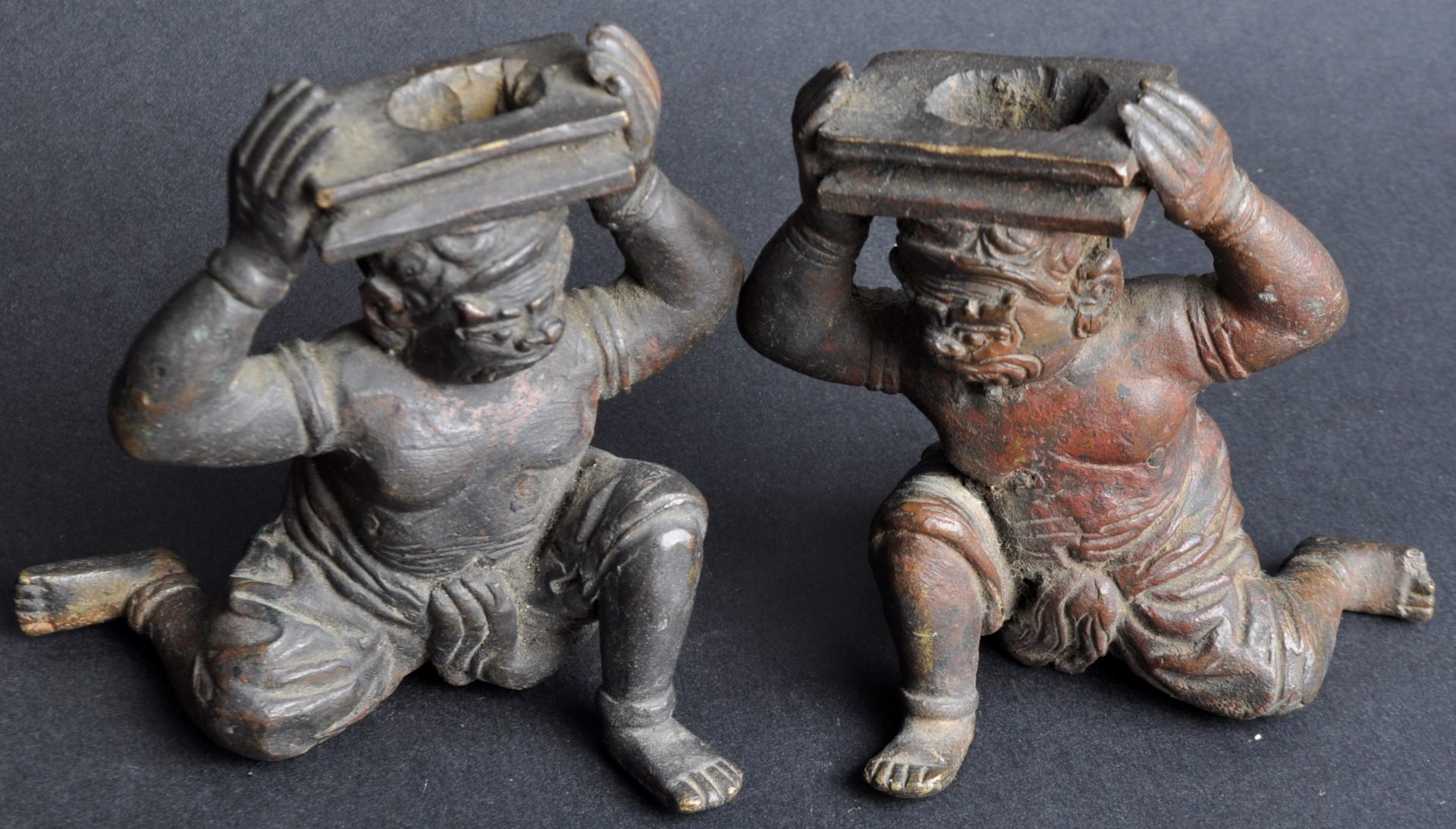 PAIR OF CHINESE BRONZE FIGURAL CANDLESTICKS - Image 2 of 6