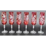 SET OF SIX CRANBERRY GLASS ETCHED DRINKING GLASSES