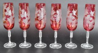 SET OF SIX CRANBERRY GLASS ETCHED DRINKING GLASSES