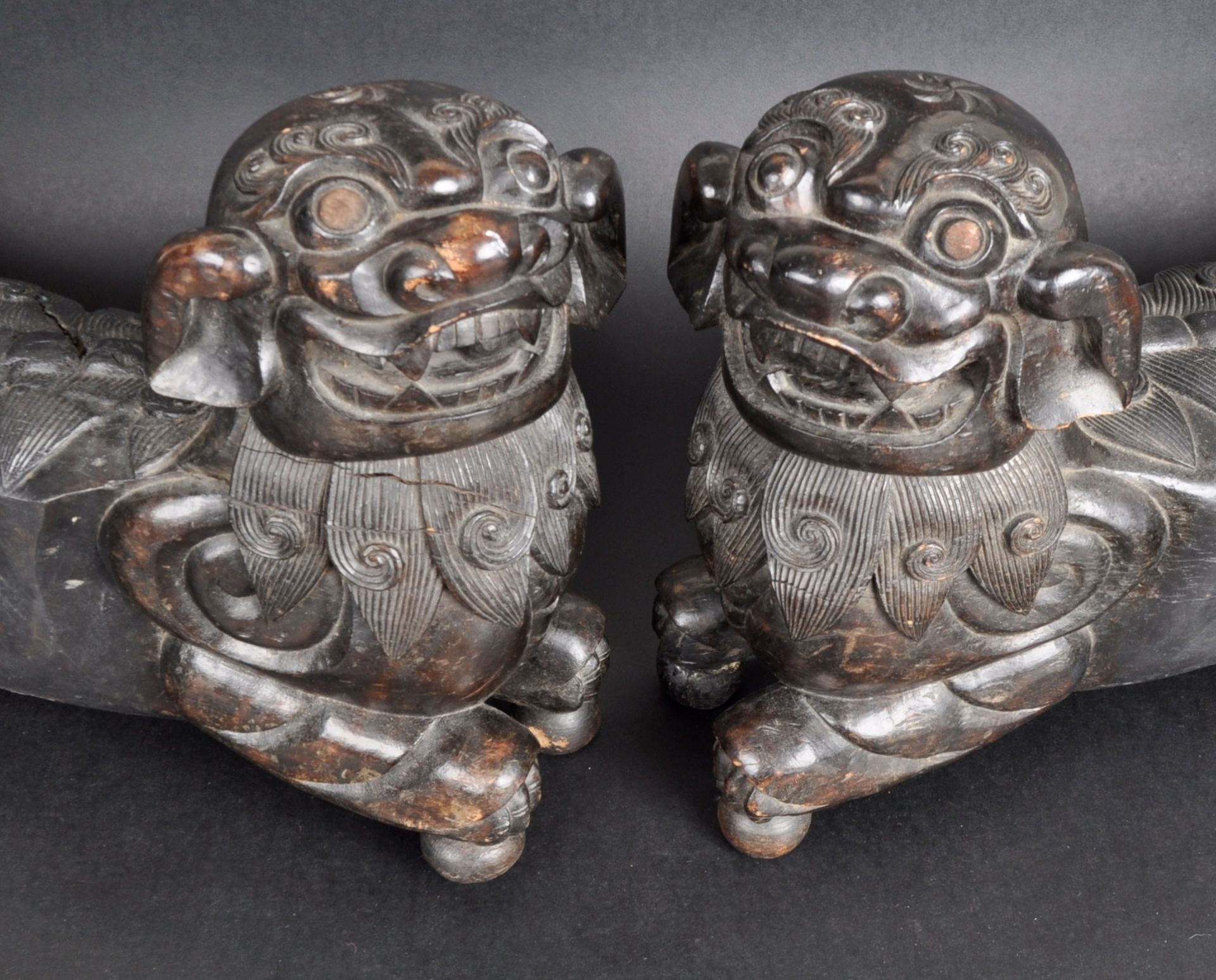 LARGE PAIR OF 19TH CENTURY CHINESE CARVED FOO DOGS - Image 2 of 8