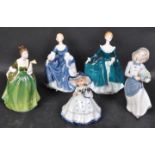 THREE ROYAL DOULTON CHINA LADY FIGURES & TWO OTHERS