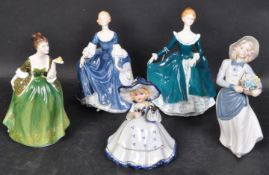 THREE ROYAL DOULTON CHINA LADY FIGURES & TWO OTHERS