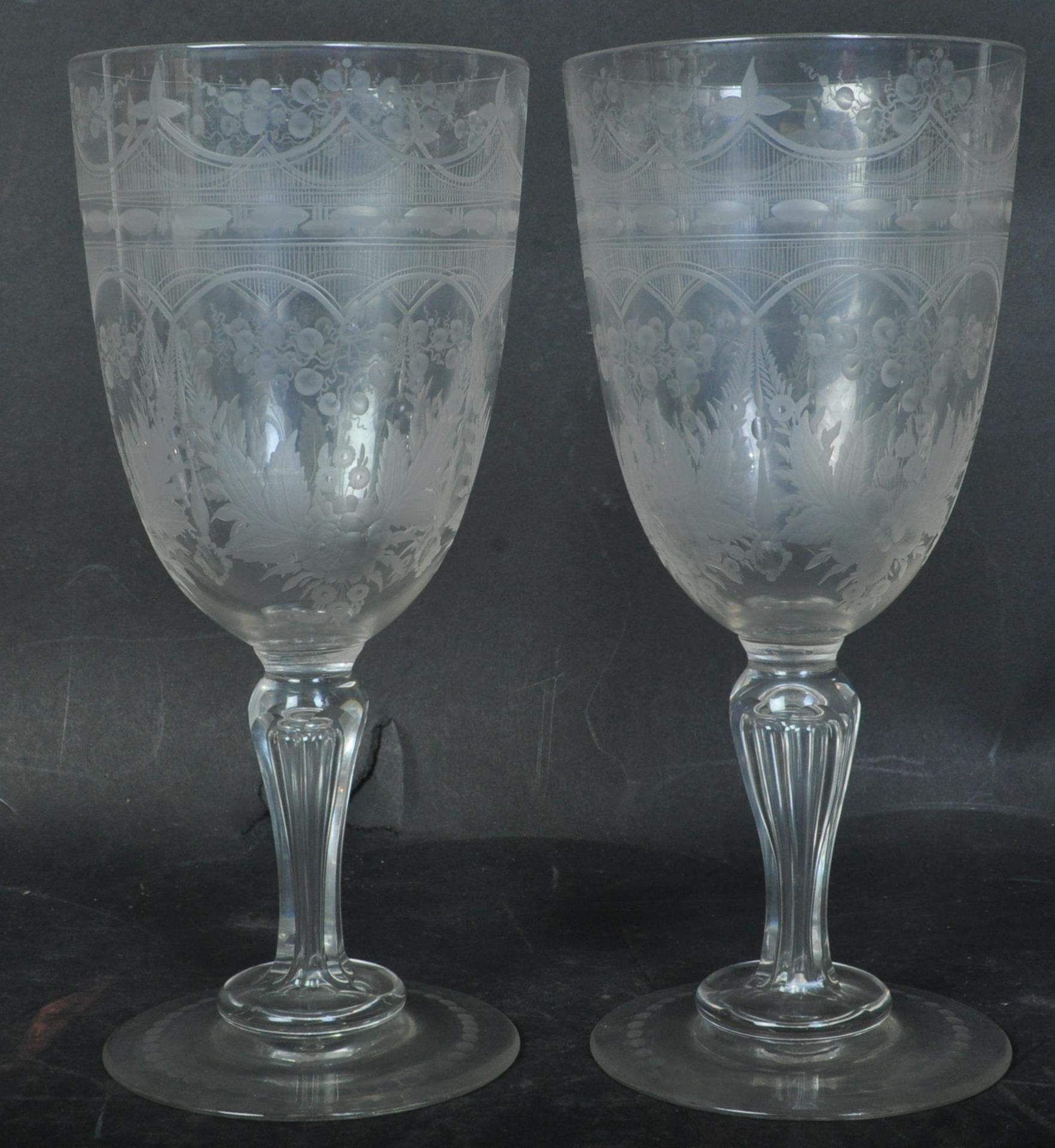 PAIR OF LARGE 19TH CENTURY ACID ETCHED WINE GLASSES