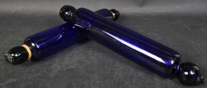 TWO VICTORIAN BRISTOL BLUE GLASS ROLLING PINS